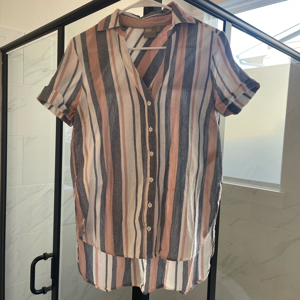 Asos Linen Stripe button down short sleeve shirt blue white and pink
